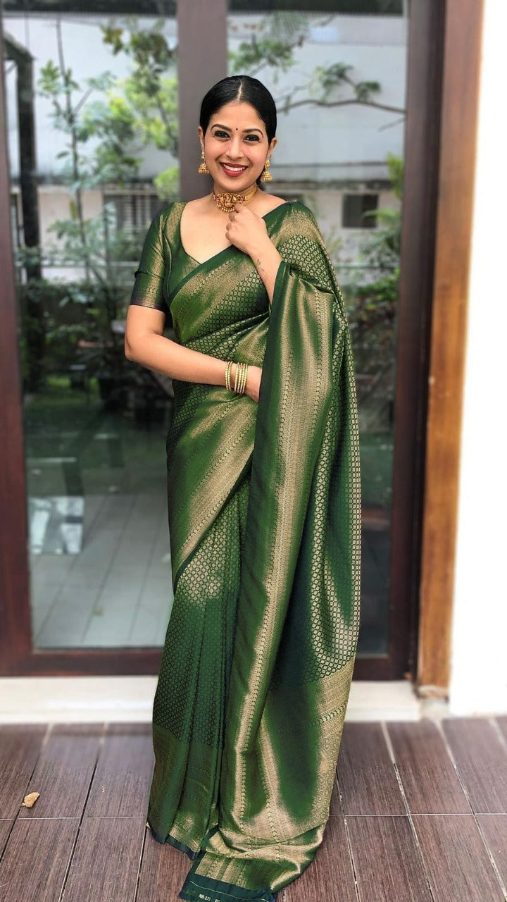 Enthralling Green Color Banarasi Soft Silk Saree With Blouse Piece