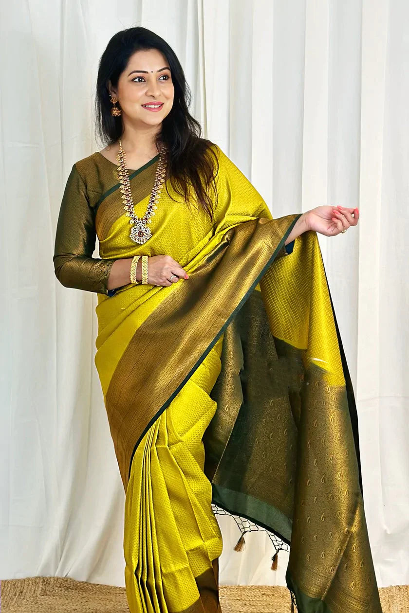 Luxurious Lemon Color Soft Lichi Silk Saree With Blouse Piece