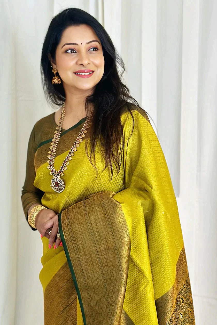 Luxurious Lemon Color Soft Lichi Silk Saree With Blouse Piece