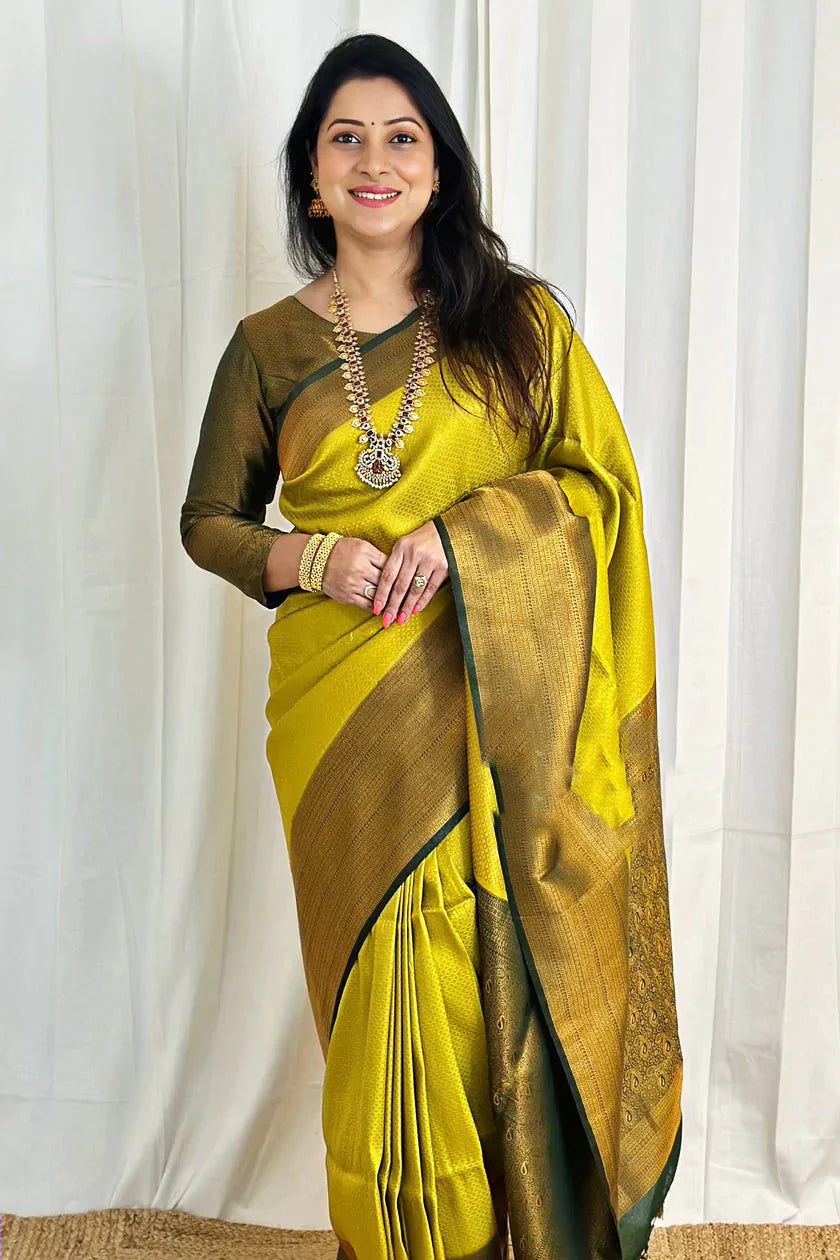 Luxurious Lemon Color Soft Lichi Silk Saree With Blouse Piece