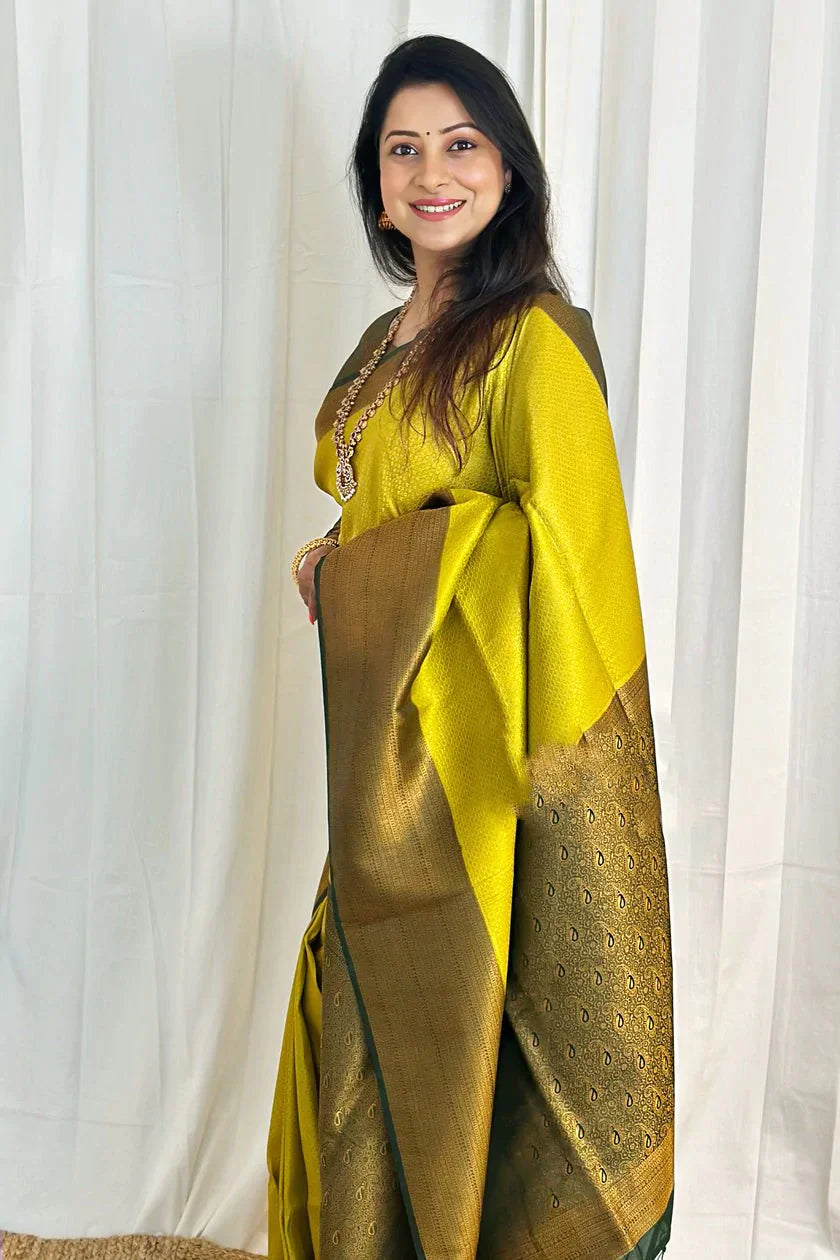 Luxurious Lemon Color Soft Lichi Silk Saree With Blouse Piece