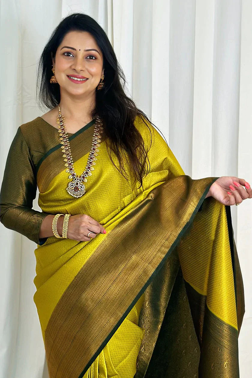 Luxurious Lemon Color Soft Lichi Silk Saree With Blouse Piece