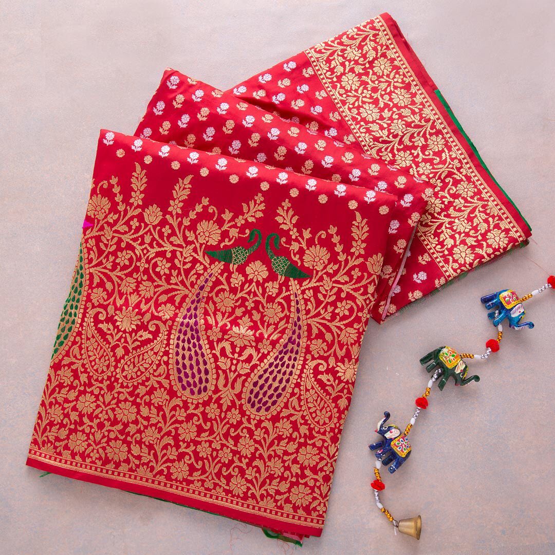 Stunning Red Color Banarasi Soft Silk Saree With Blouse Piece