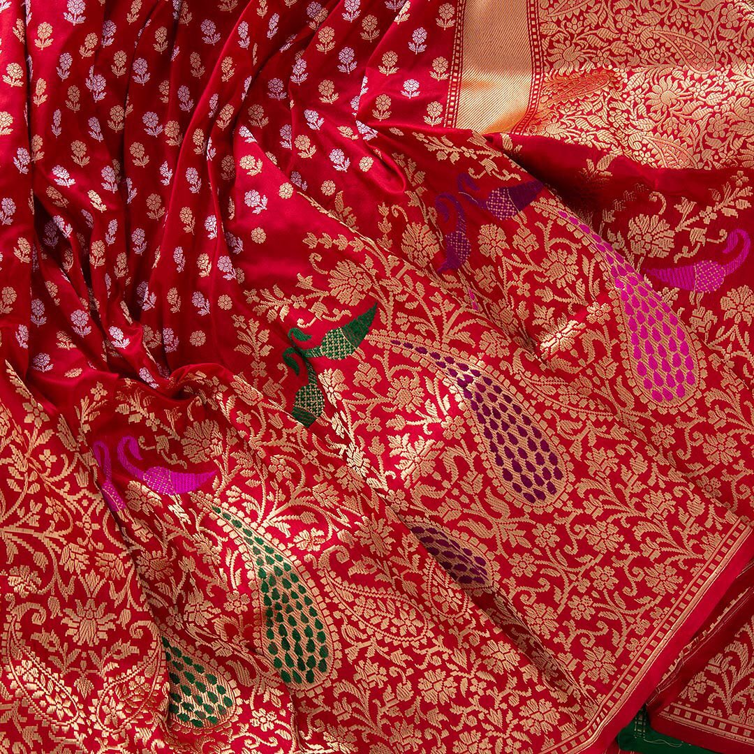 Stunning Red Color Banarasi Soft Silk Saree With Blouse Piece