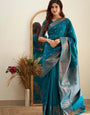 Glamorous Firozi Color Soft Lichi Silk Saree With Blouse Piece