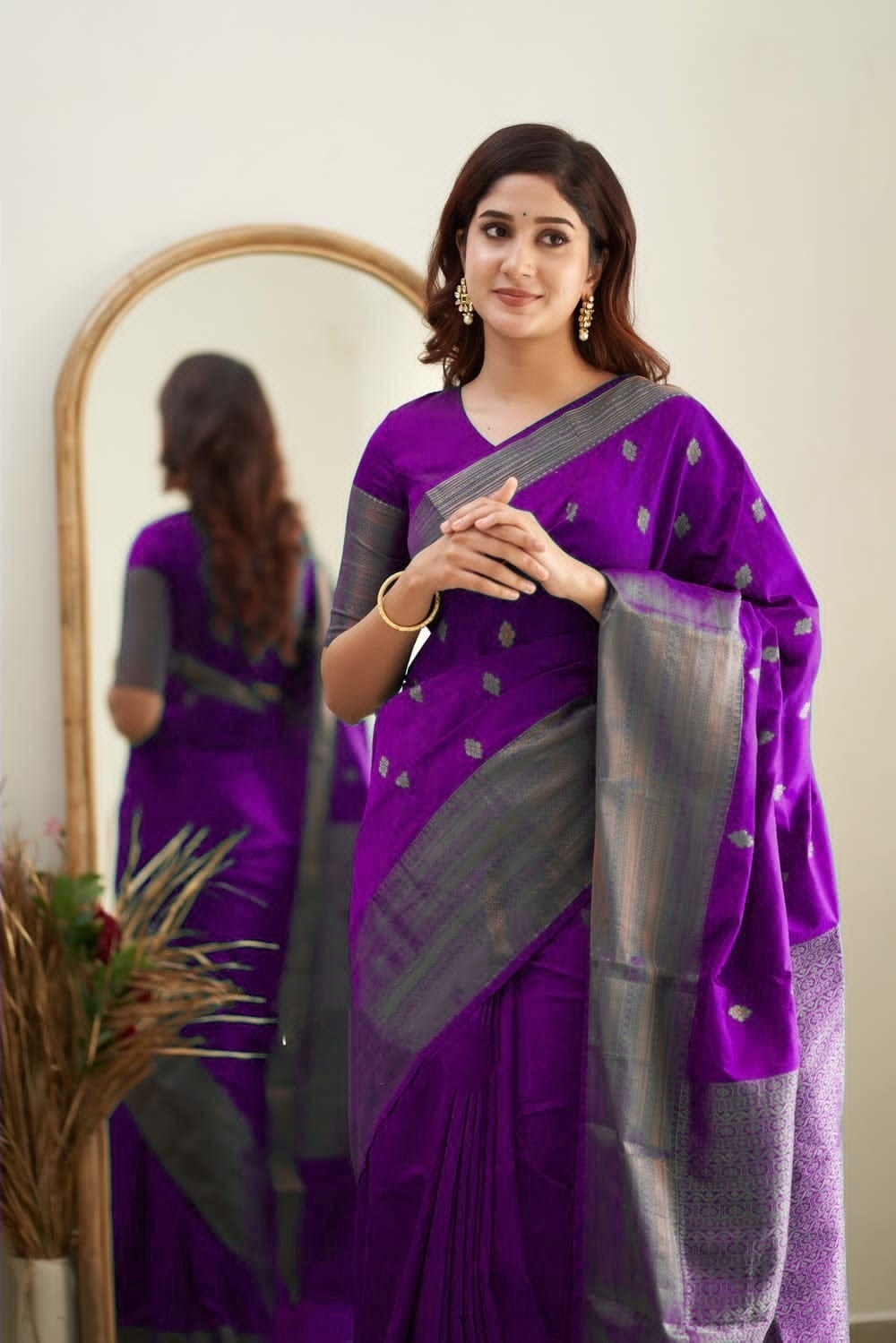 Fervent Purple Color Soft Lichi Silk Saree With Blouse Piece