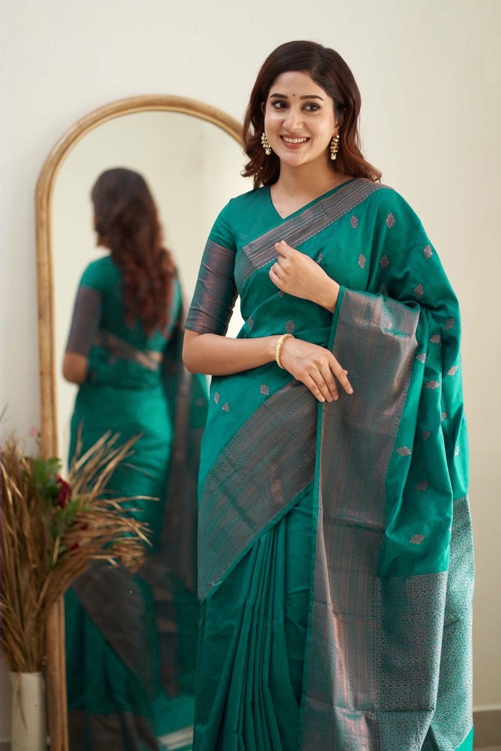 Shimmering Rama Green Color Soft Lichi Silk Saree With Blouse Piece