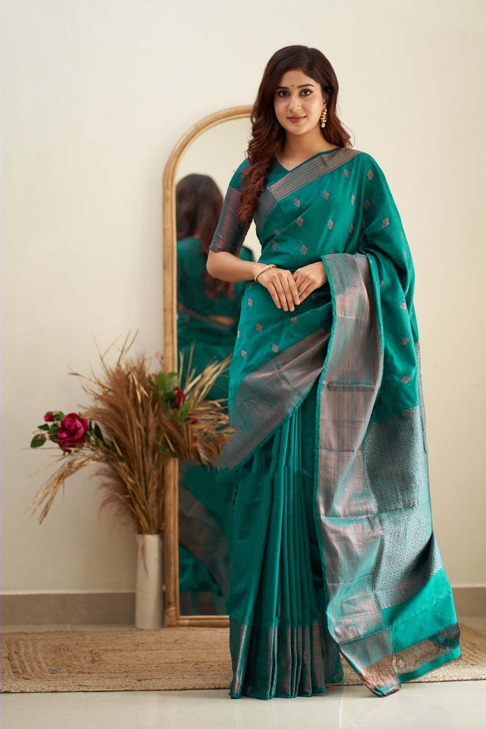 Shimmering Rama Green Color Soft Lichi Silk Saree With Blouse Piece