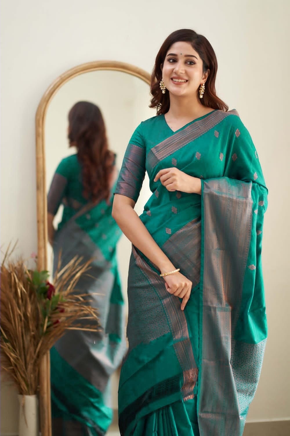 Shimmering Rama Green Color Soft Lichi Silk Saree With Blouse Piece