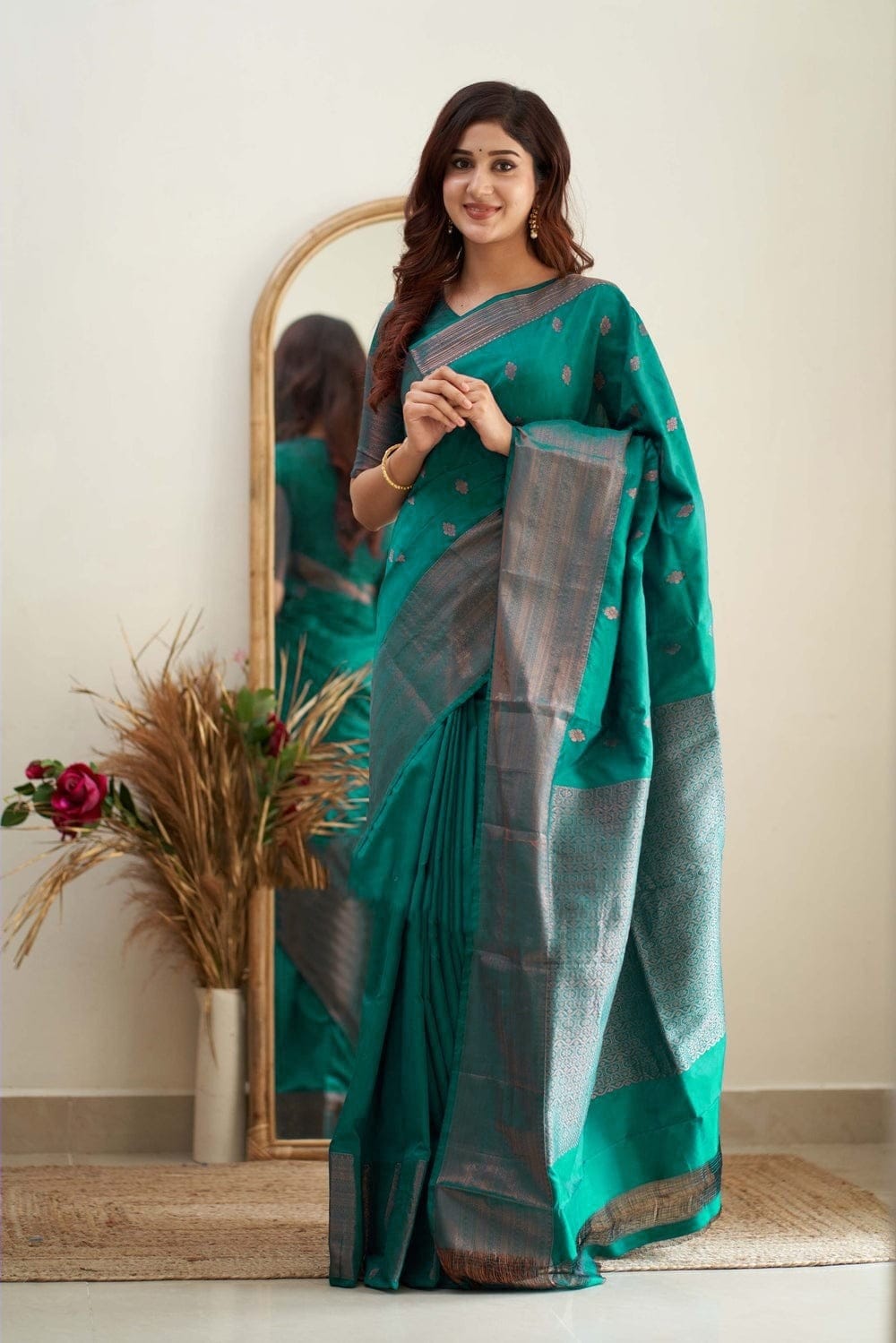 Shimmering Rama Green Color Soft Lichi Silk Saree With Blouse Piece