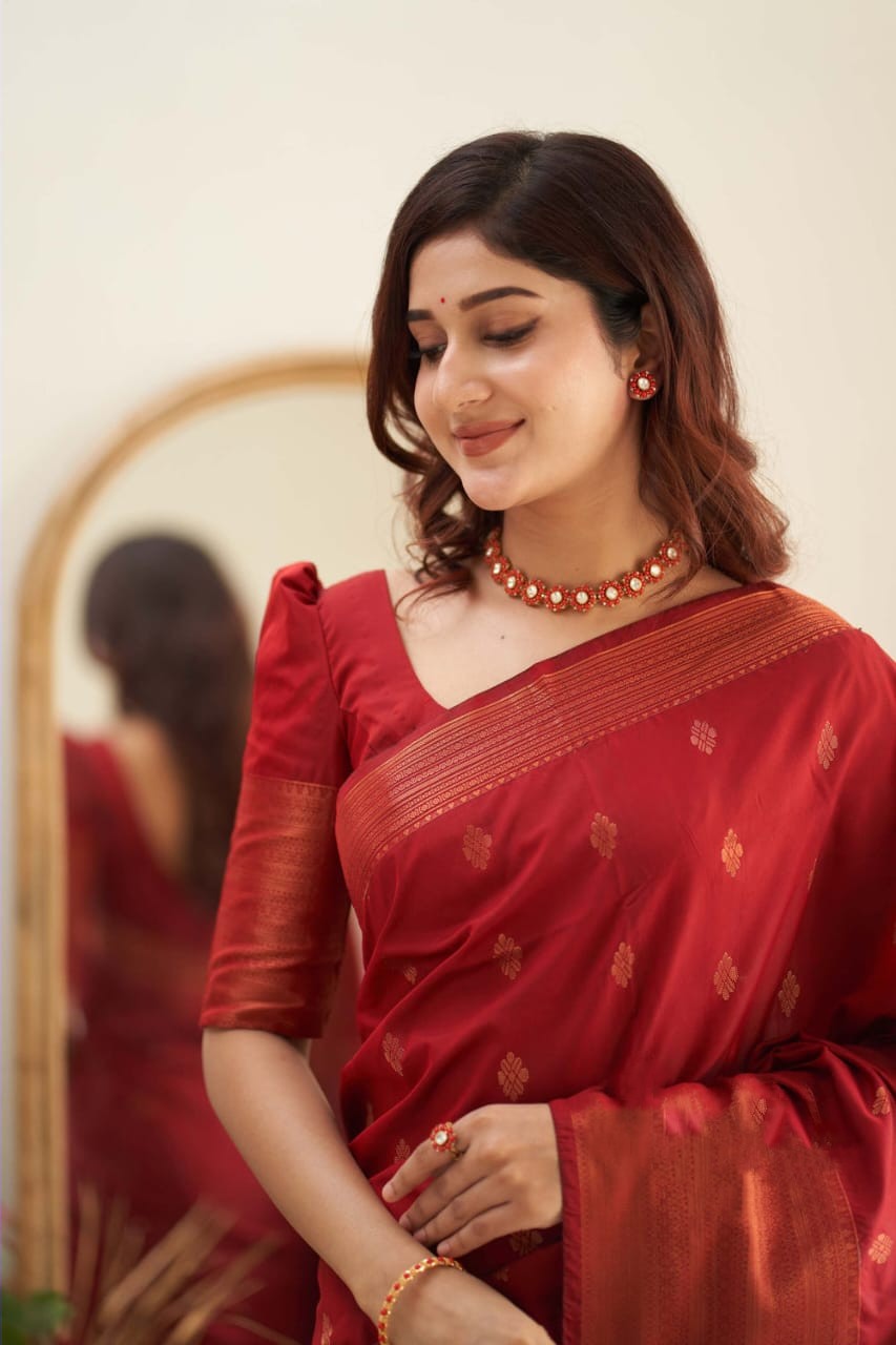 Mythical Red Color Soft Lichi Silk Saree With Blouse Piece