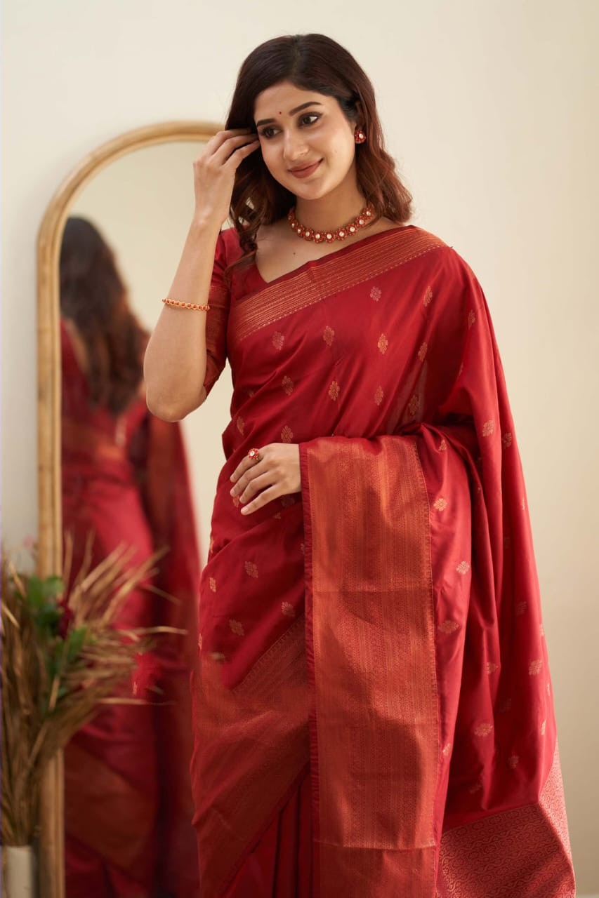 Mythical Red Color Soft Lichi Silk Saree With Blouse Piece