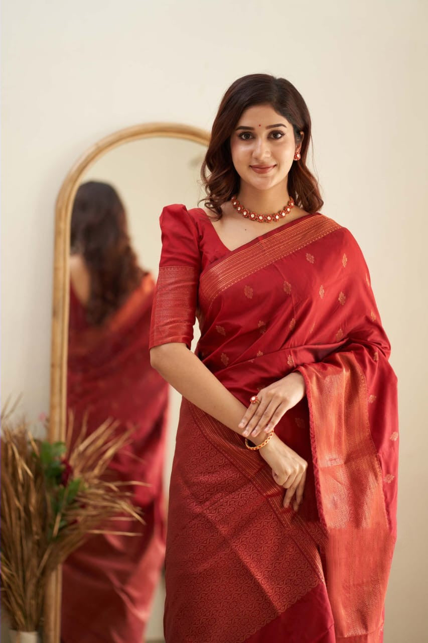 Mythical Red Color Soft Lichi Silk Saree With Blouse Piece