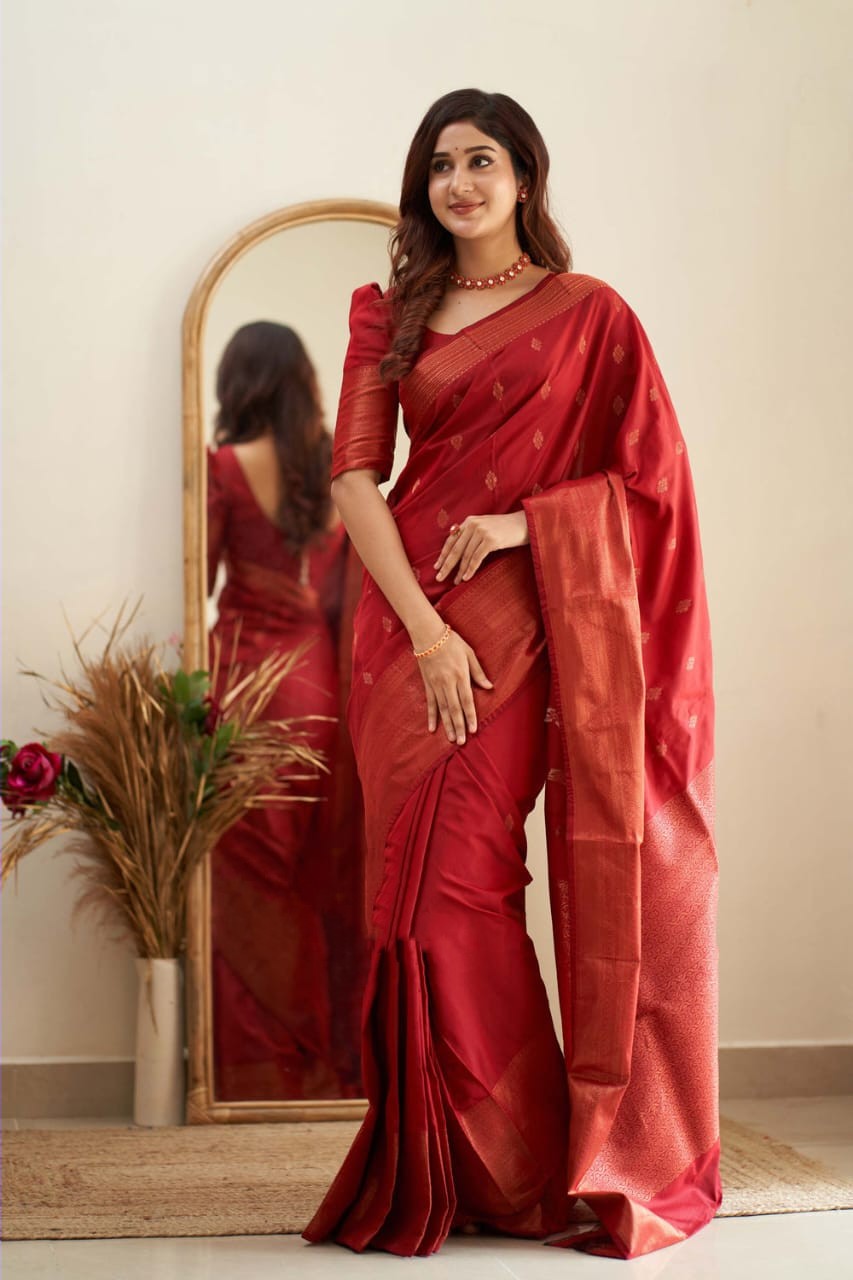 Mythical Red Color Soft Lichi Silk Saree With Blouse Piece