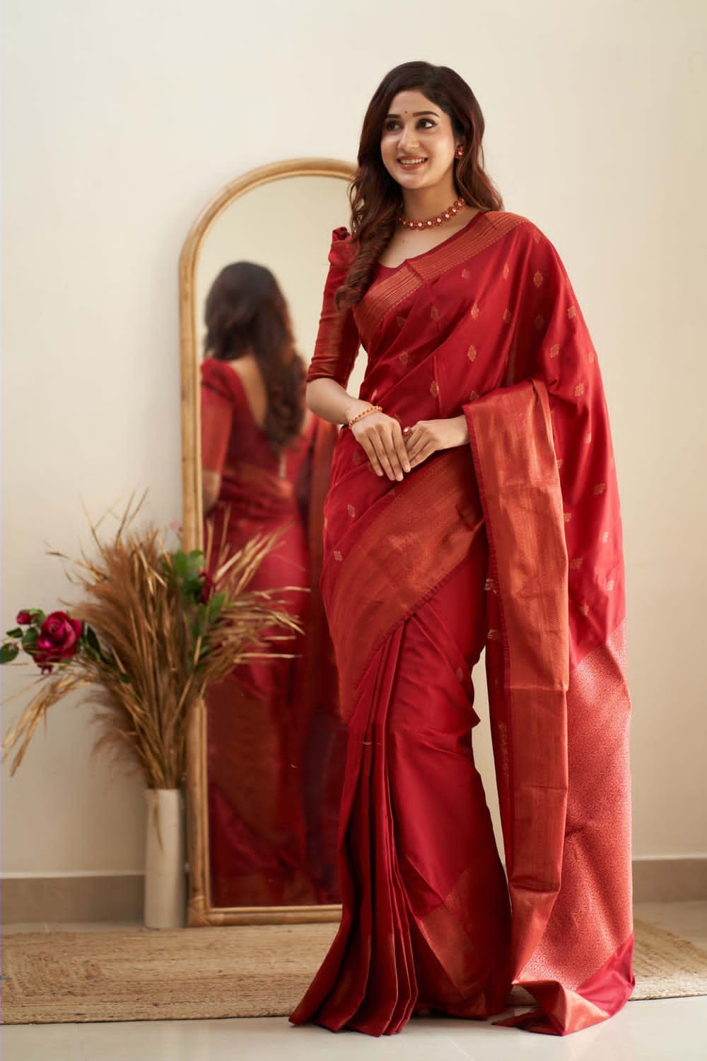 Mythical Red Color Soft Lichi Silk Saree With Blouse Piece