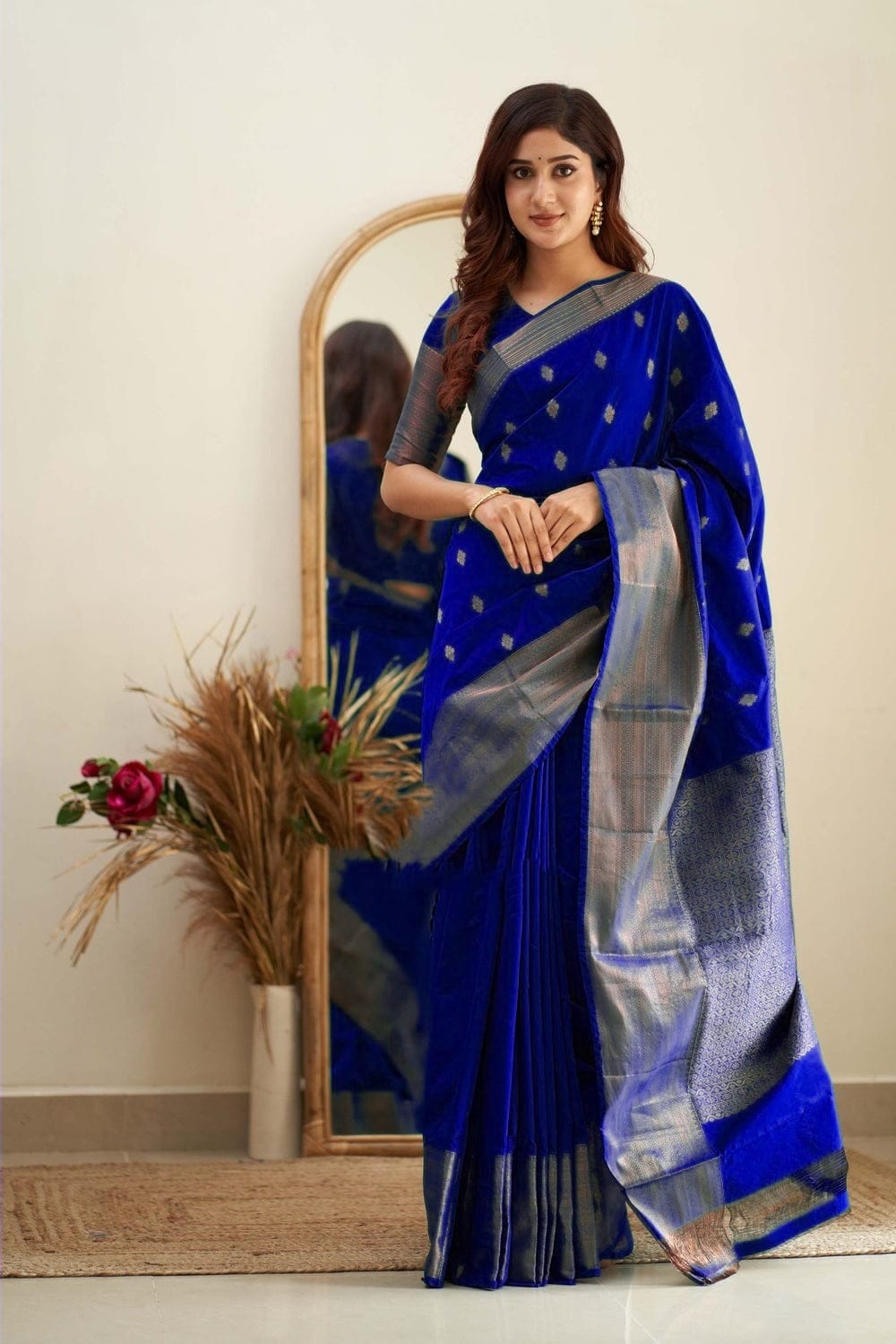 Stimulating Royal Blue Color Soft Lichi Silk Saree With Blouse Piece