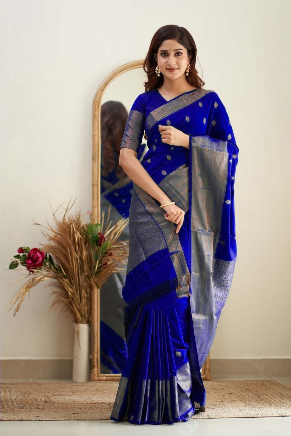 Stimulating Royal Blue Color Soft Lichi Silk Saree With Blouse Piece