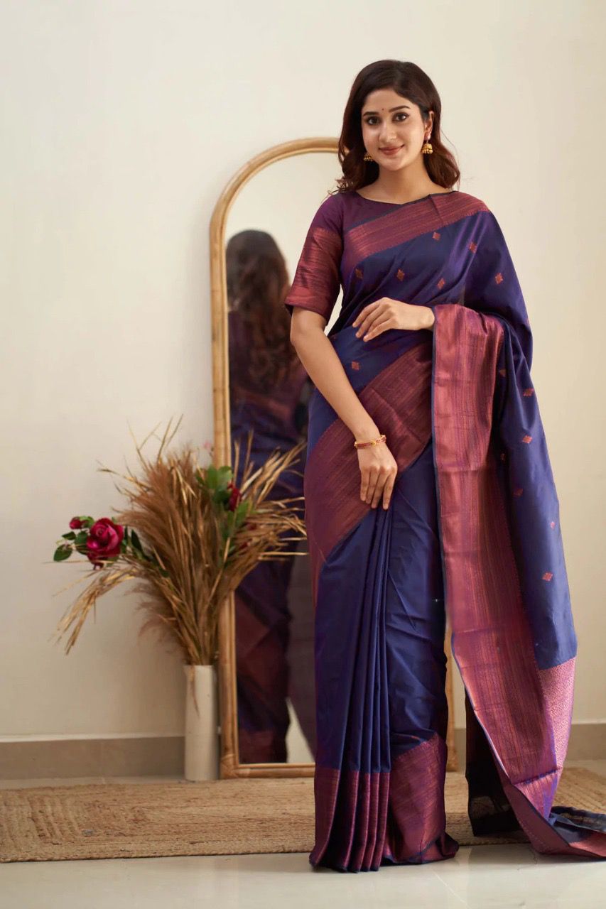 Regal Navy Blue Color Soft Lichi Silk Saree With Blouse Piece