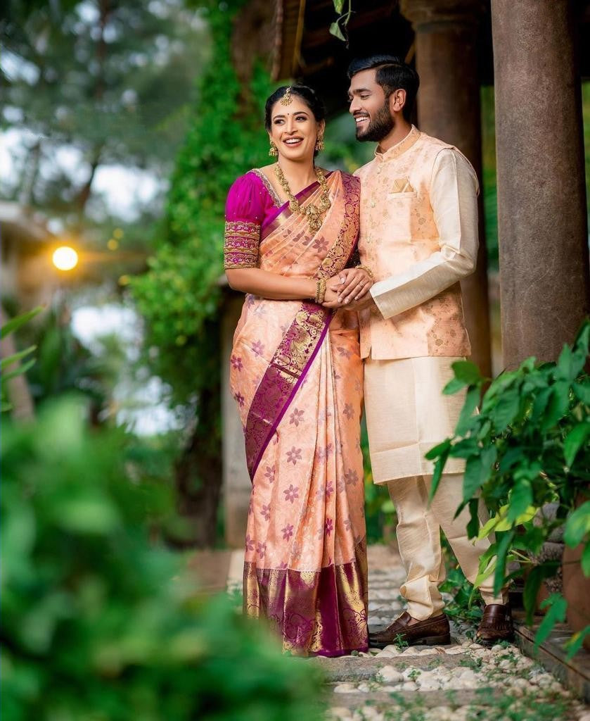 Elegance Peach Color Banarasi Soft Silk Saree With Blouse Piece