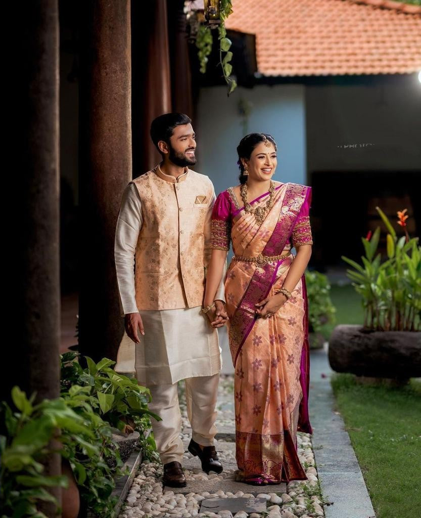 Elegance Peach Color Banarasi Soft Silk Saree With Blouse Piece