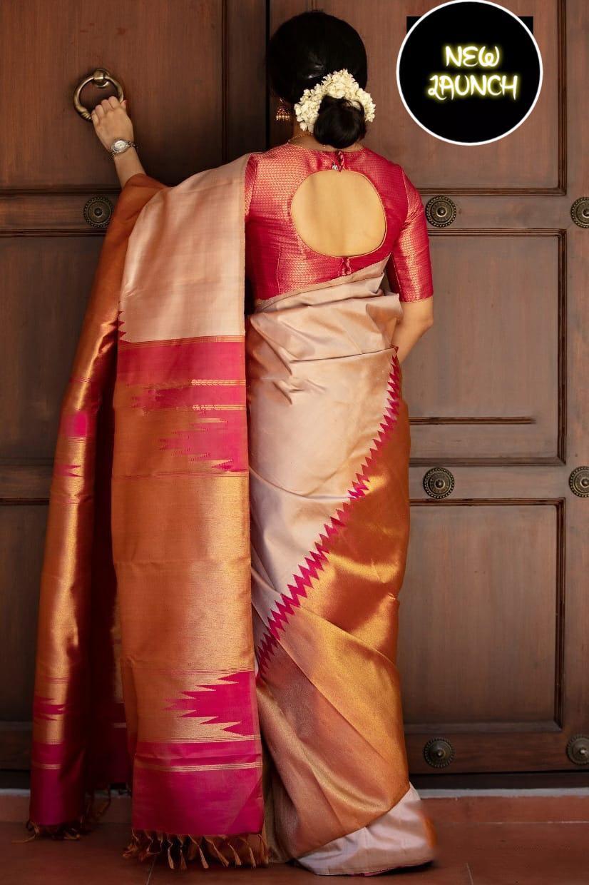 Fetching Beige Color Soft Lichi Silk Saree With Blouse Piece