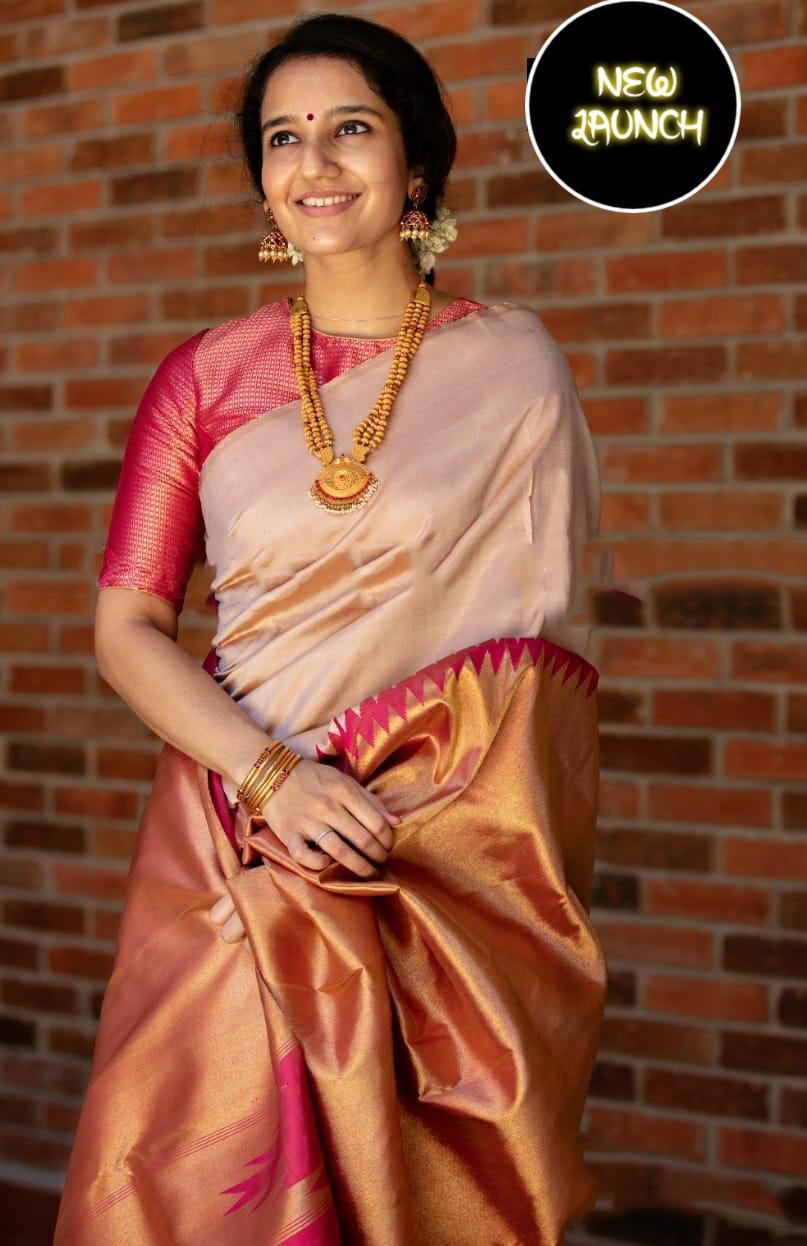 Fetching Beige Color Soft Lichi Silk Saree With Blouse Piece