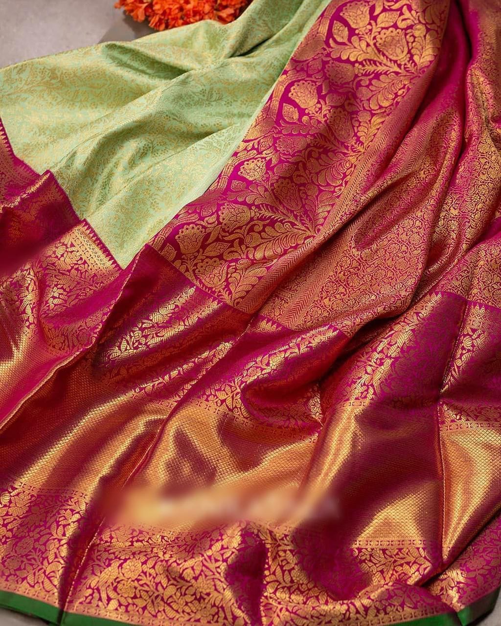 Resplendent Pista Color Banarasi Soft Silk Saree With Blouse Piece