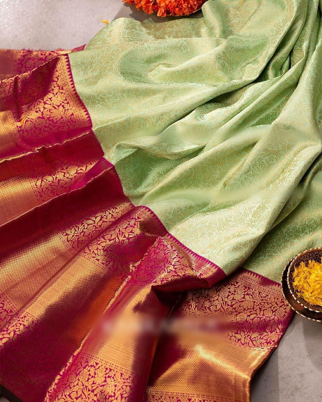 Resplendent Pista Color Banarasi Soft Silk Saree With Blouse Piece