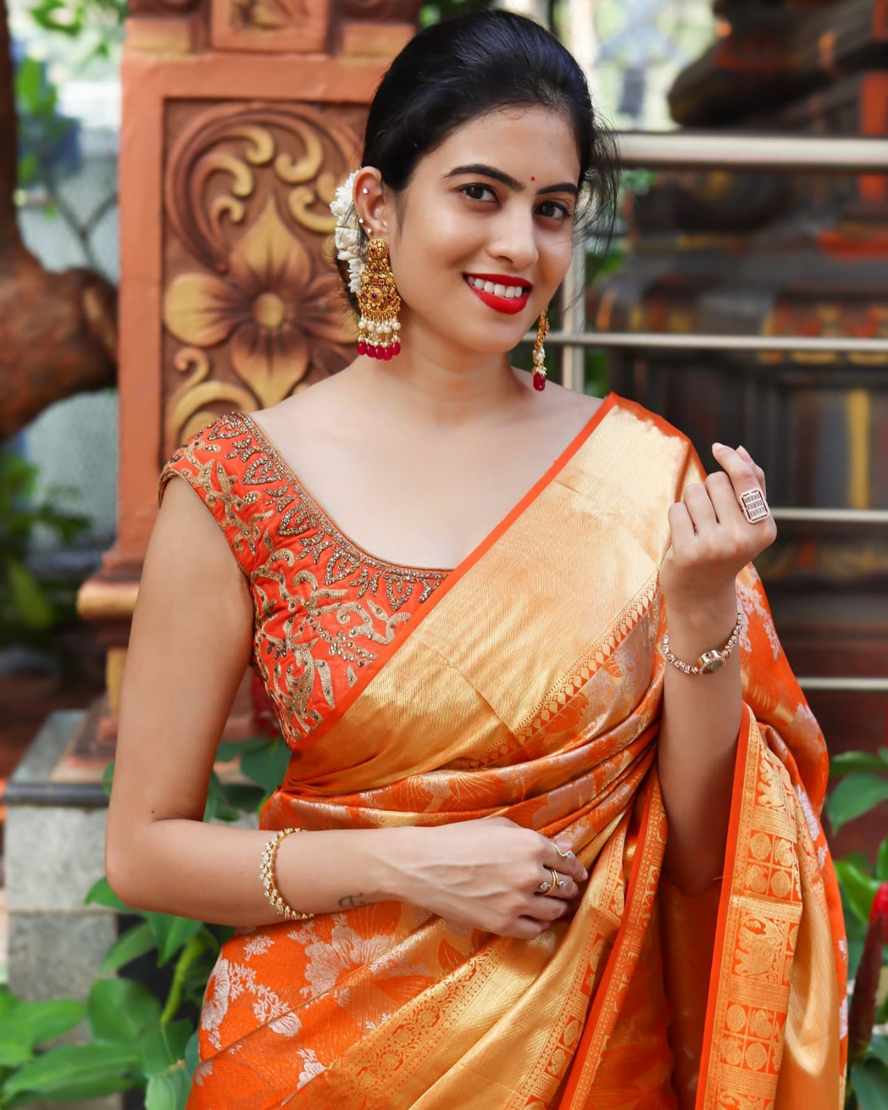 Exquisite Orange Color Banarasi Soft Silk Saree With Blouse Piece