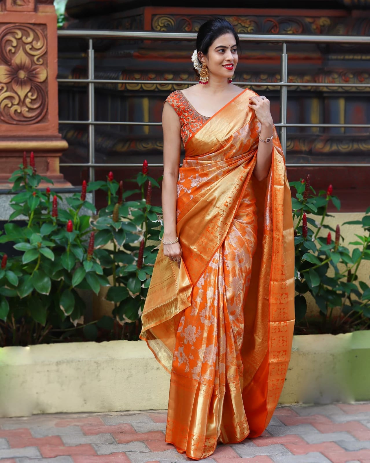 Exquisite Orange Color Banarasi Soft Silk Saree With Blouse Piece