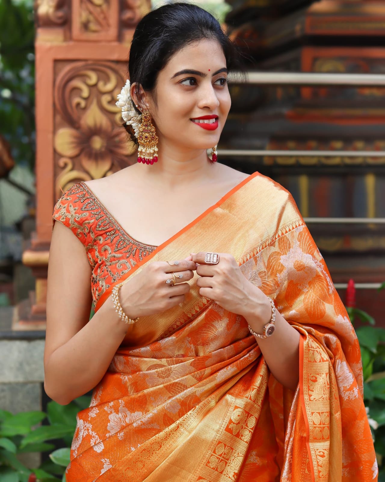 Exquisite Orange Color Banarasi Soft Silk Saree With Blouse Piece