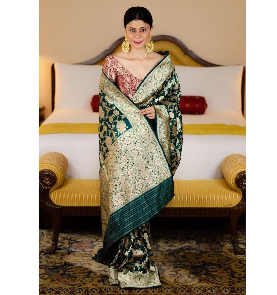 Serene Green Color Banarasi Soft Silk Saree With Blouse Piece