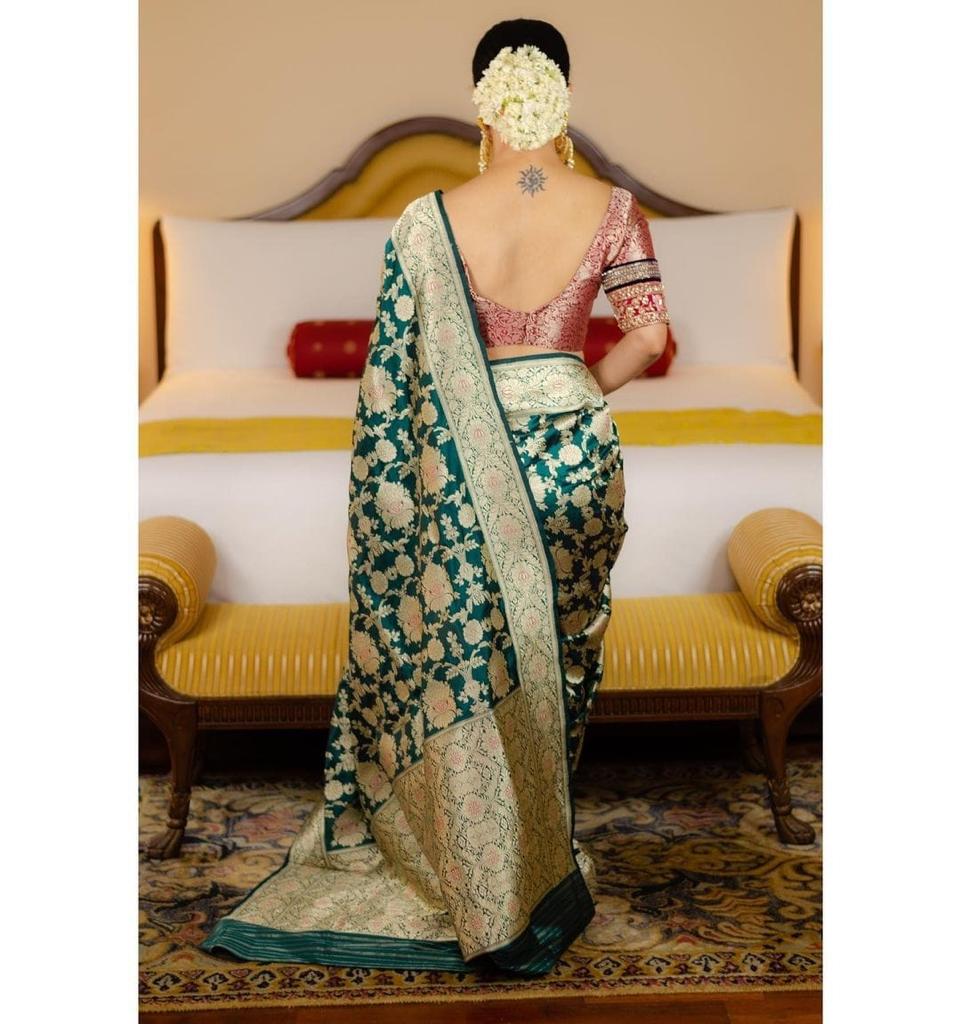 Serene Green Color Banarasi Soft Silk Saree With Blouse Piece