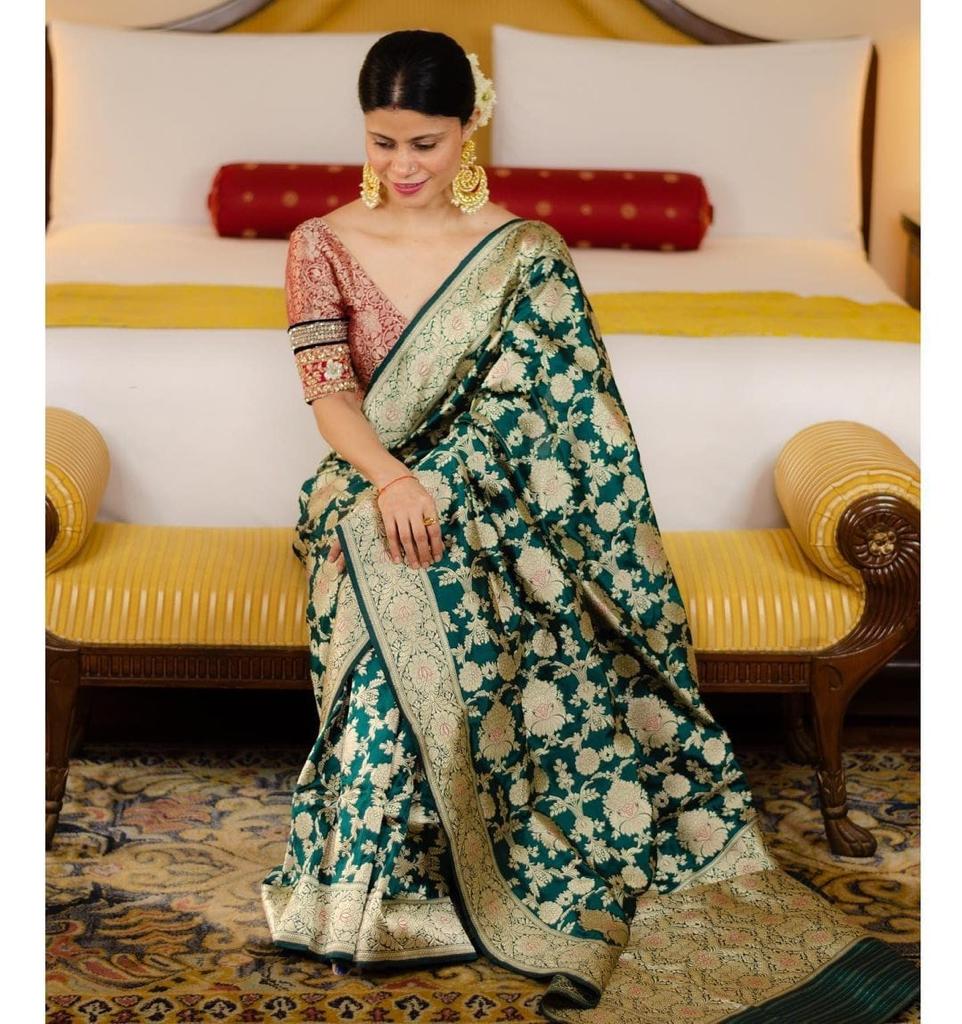 Serene Green Color Banarasi Soft Silk Saree With Blouse Piece