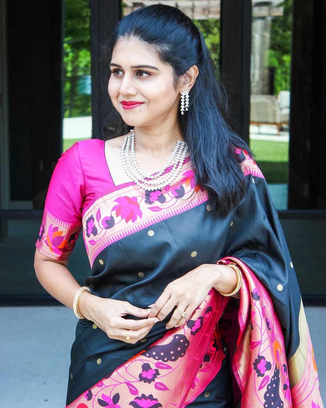 Regal Black Color Paithani Silk Saree With Blouse Piece