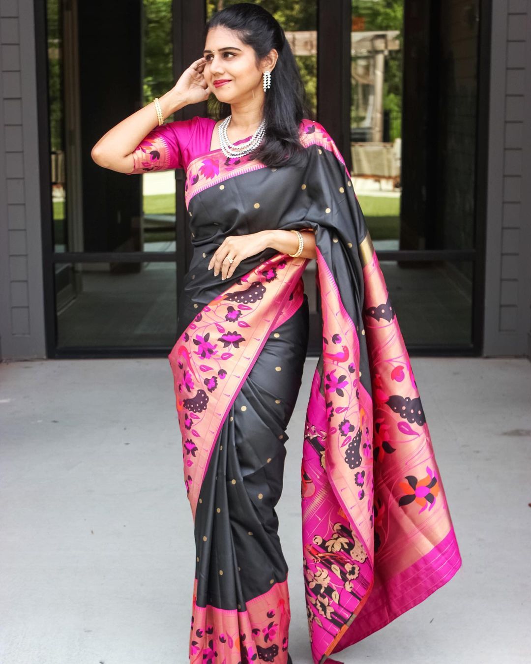 Regal Black Color Paithani Silk Saree With Blouse Piece