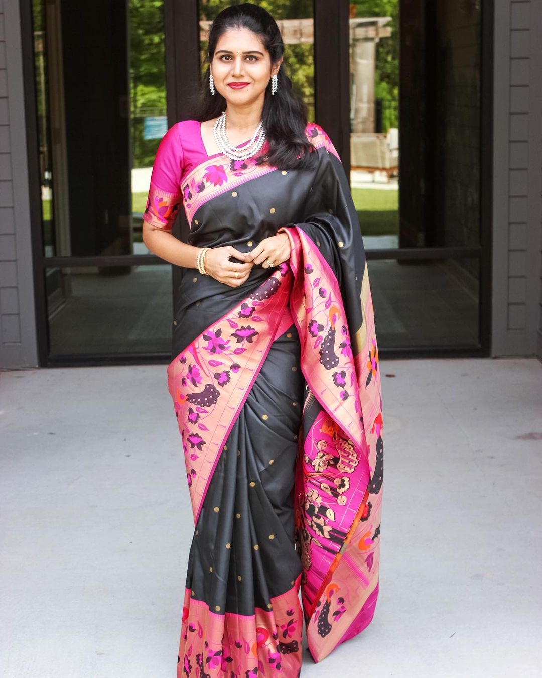 Regal Black Color Paithani Silk Saree With Blouse Piece