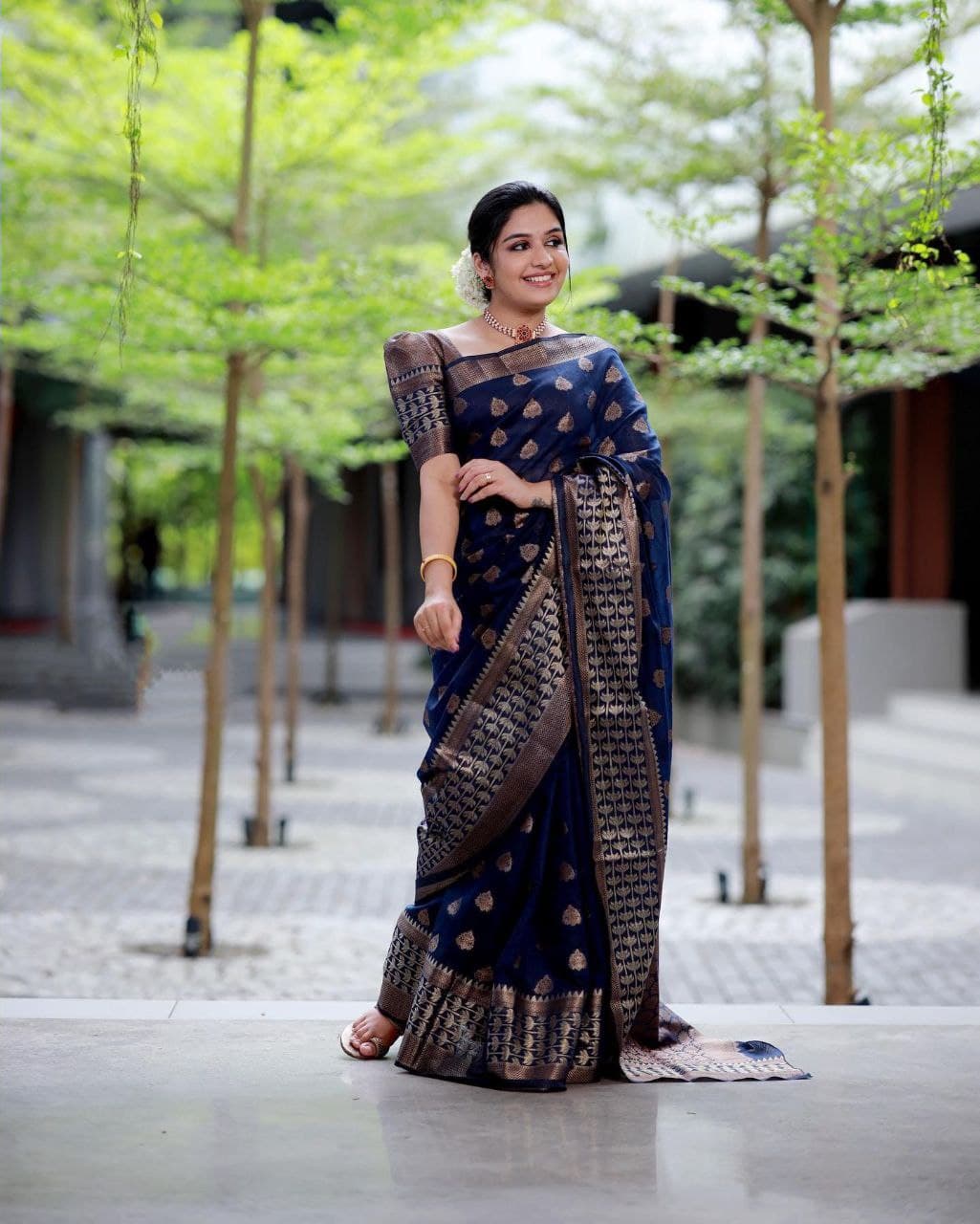 Slick Navy Blue Color Banarasi Soft Silk Saree With Blouse Piece