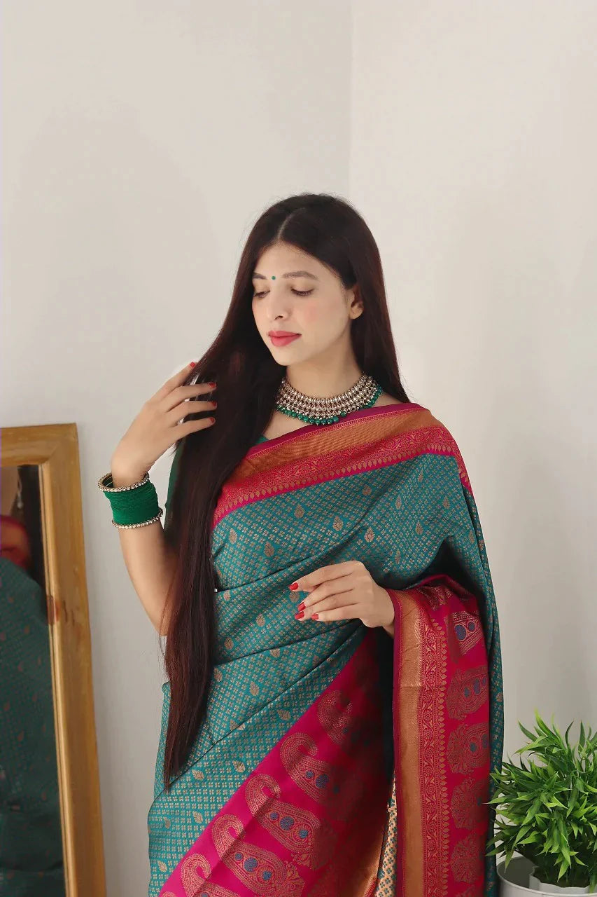 Dazzlingly Rama Green Color Soft Lichi Silk Saree With Blouse Piece