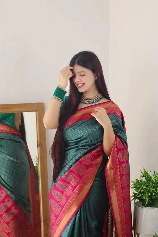 Dazzlingly Rama Green Color Soft Lichi Silk Saree With Blouse Piece