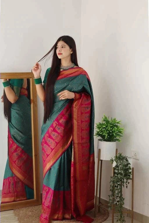 Dazzlingly Rama Green Color Soft Lichi Silk Saree With Blouse Piece