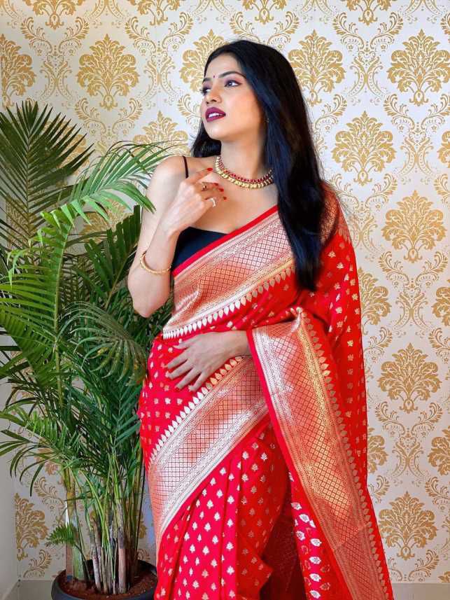 Eye-catching Red Color Banarasi Soft Silk Saree With Blouse Piece