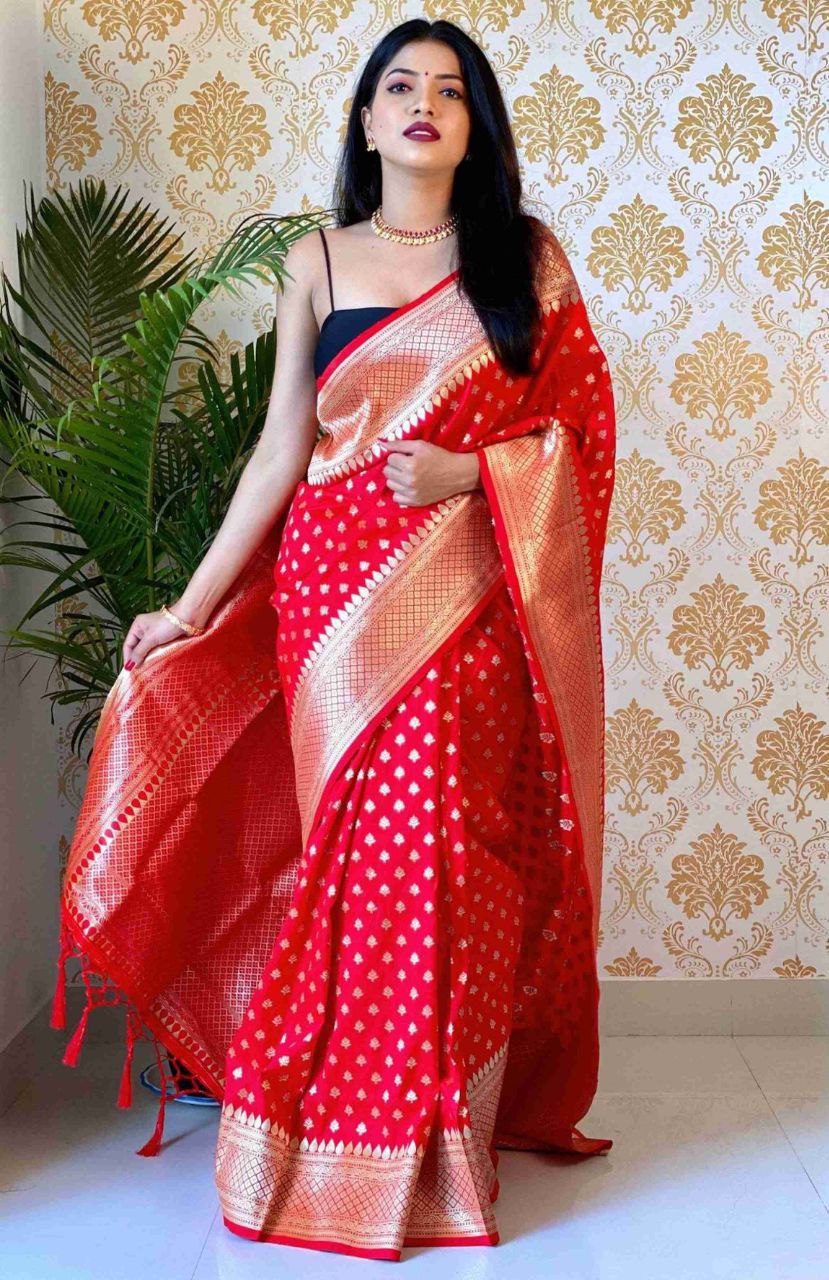 Eye-catching Red Color Banarasi Soft Silk Saree With Blouse Piece