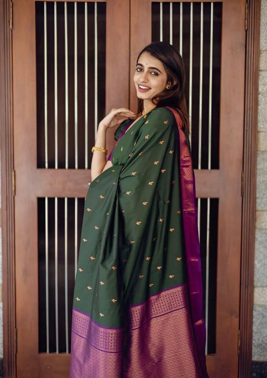 Glimmering Green Color Soft Lichi Silk Saree With Blouse Piece