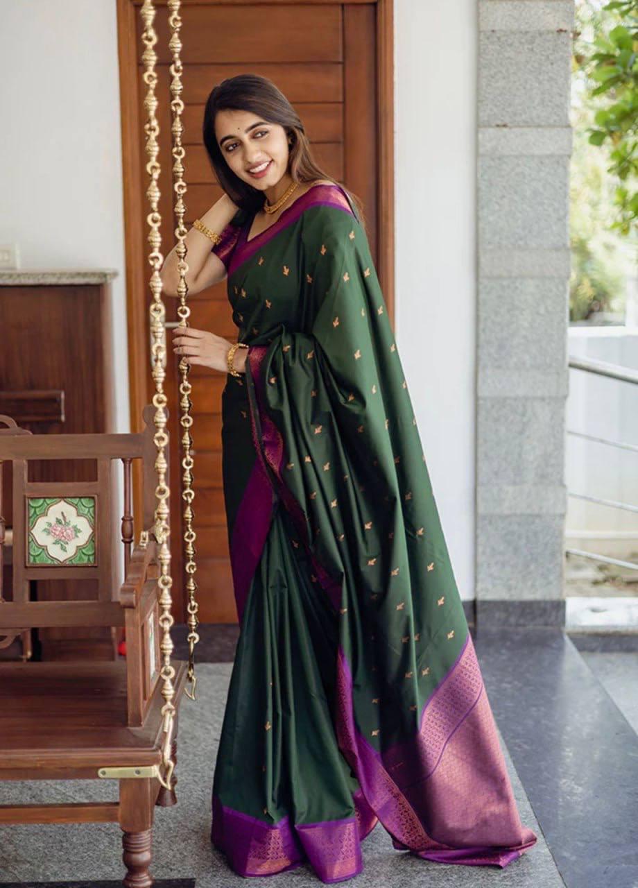 Glimmering Green Color Soft Lichi Silk Saree With Blouse Piece