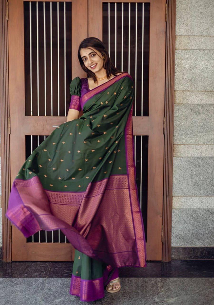 Glimmering Green Color Soft Lichi Silk Saree With Blouse Piece