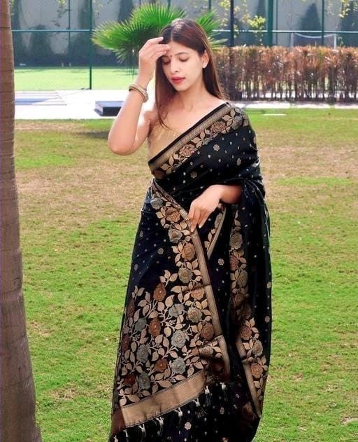 Sublime Black Color Banarasi Soft Silk Saree With Blouse Piece