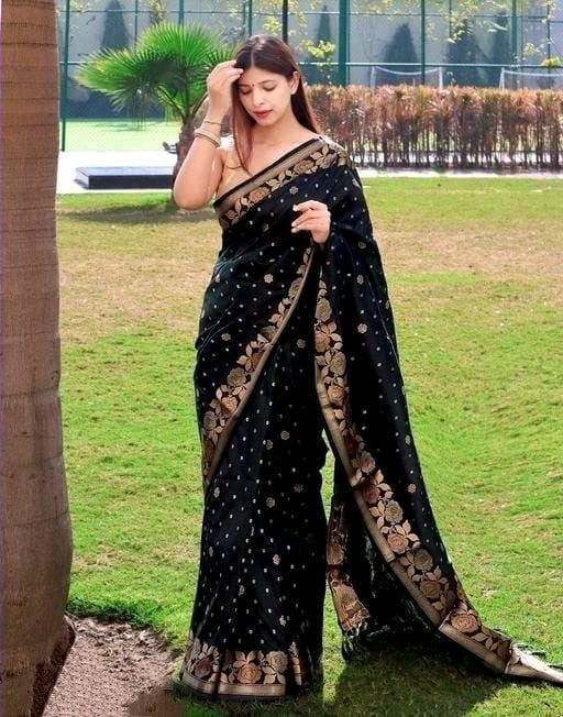 Sublime Black Color Banarasi Soft Silk Saree With Blouse Piece