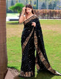 Sublime Black Color Banarasi Soft Silk Saree With Blouse Piece