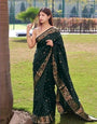 Dazzling Dark Green Color Banarasi Soft Silk Saree With Blouse Piece